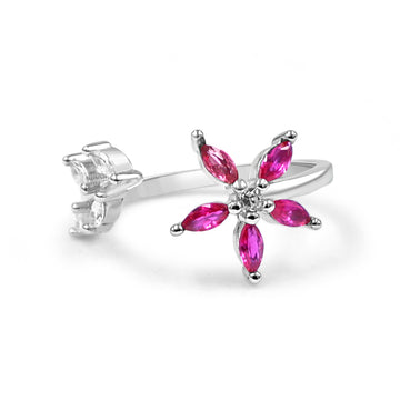 92.50 Silver Flower Ring 6 Red stone